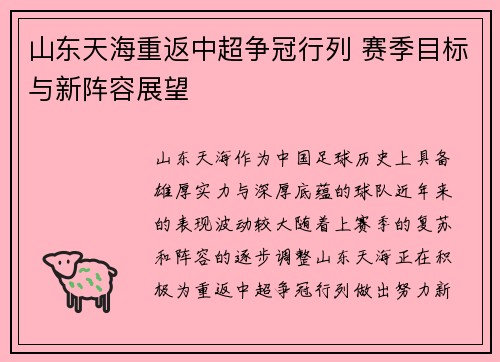山东天海重返中超争冠行列 赛季目标与新阵容展望