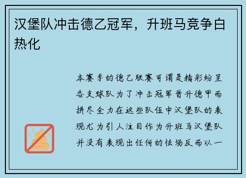 汉堡队冲击德乙冠军，升班马竞争白热化