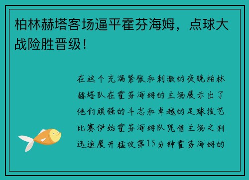 柏林赫塔客场逼平霍芬海姆，点球大战险胜晋级！
