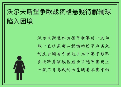 沃尔夫斯堡争欧战资格悬疑待解输球陷入困境